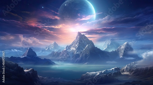 A beautiful landscape of a mountain range with a large moon in the background. The mountains are covered in snow. photo