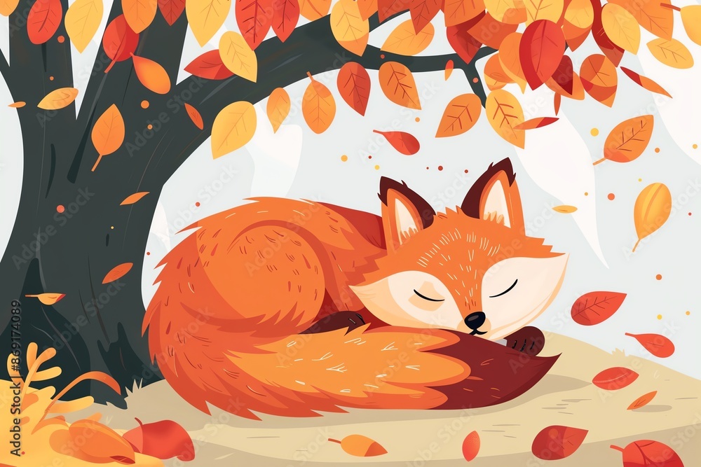 Fox sleeping under autumn tree, cozy scene, flat design illustration