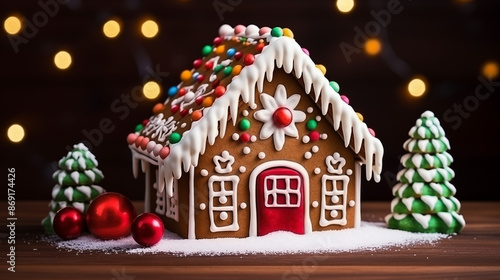 gingerbread house decorated with icing and candy on shiny lights background