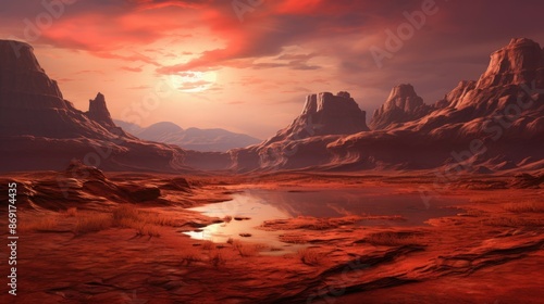 A beautiful landscape of a red planet with a large canyon and a river running through it. The sky is a deep orange and the sun is setting.