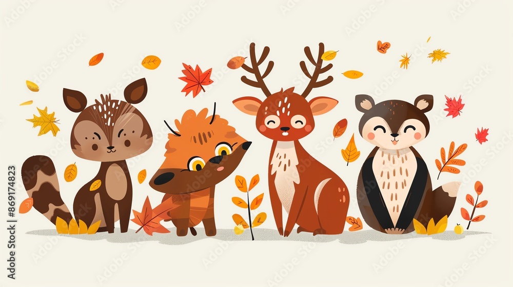 Naklejka premium Autumn animals, woodland creatures with fall leaves, flat design illustration