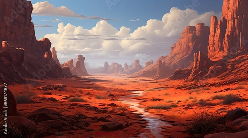 A stunning landscape of a vast desert canyon. The red rocks are sculpted by wind and water, and the sky is a deep blue with fluffy white clouds. photo