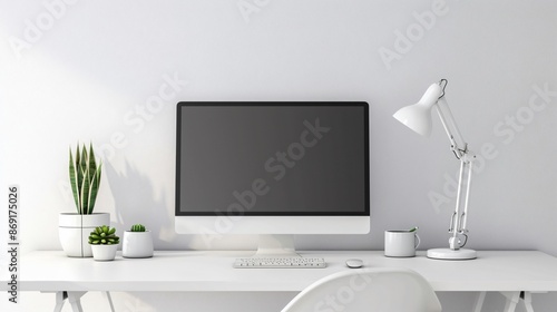 A minimalist workspace with a clean white desk, a single monitor, a small succulent plant, and a simple desk lamp