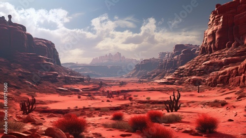 A vast and arid desert landscape with red rocks and sand. The sky is clear with a few clouds. There are no plants or animals visible. photo