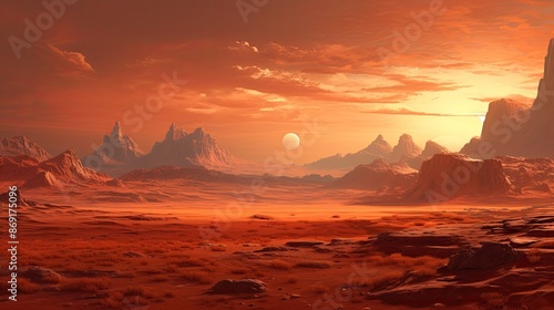 A beautiful landscape of a red planet with a large moon in the sky. The planet is covered in red rocks and sand, with a few plants scattered around.