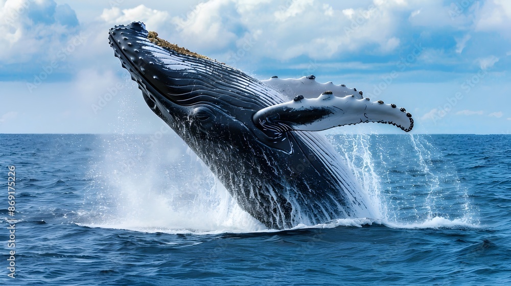 Fototapeta premium Majestic Humpback Whale Breaching the Ocean Surface in a Spectacular Display of Power and Grace