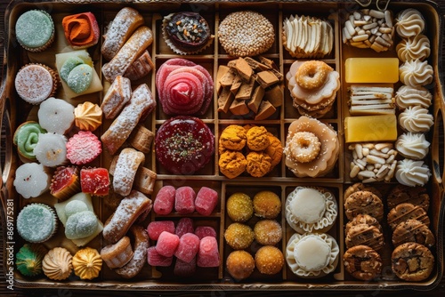 An array of colorful traditional sweets displayed on a decorative tray with candles in the background.