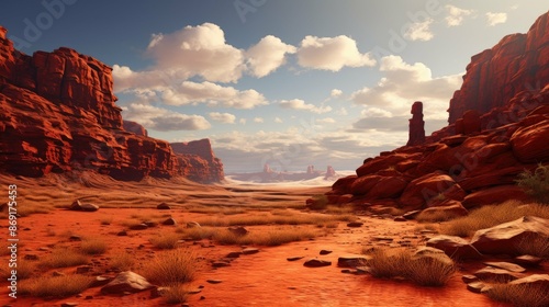 A vast and arid desert landscape with towering red rock formations. The sky is clear and blue, with a few clouds dotting the horizon.