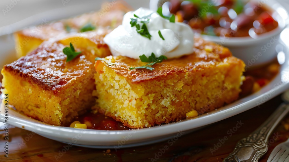 A serving of cornbread, cut into squares, with a side of chili and a dollop of sour cream A serving of cornbread, cut into squares, with a side of chili and a dollop of sour cream