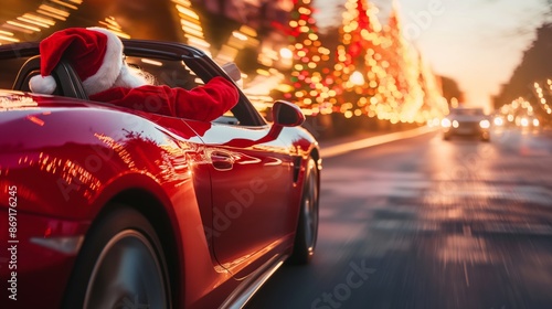 Red sports car driving on city street with christmas lights