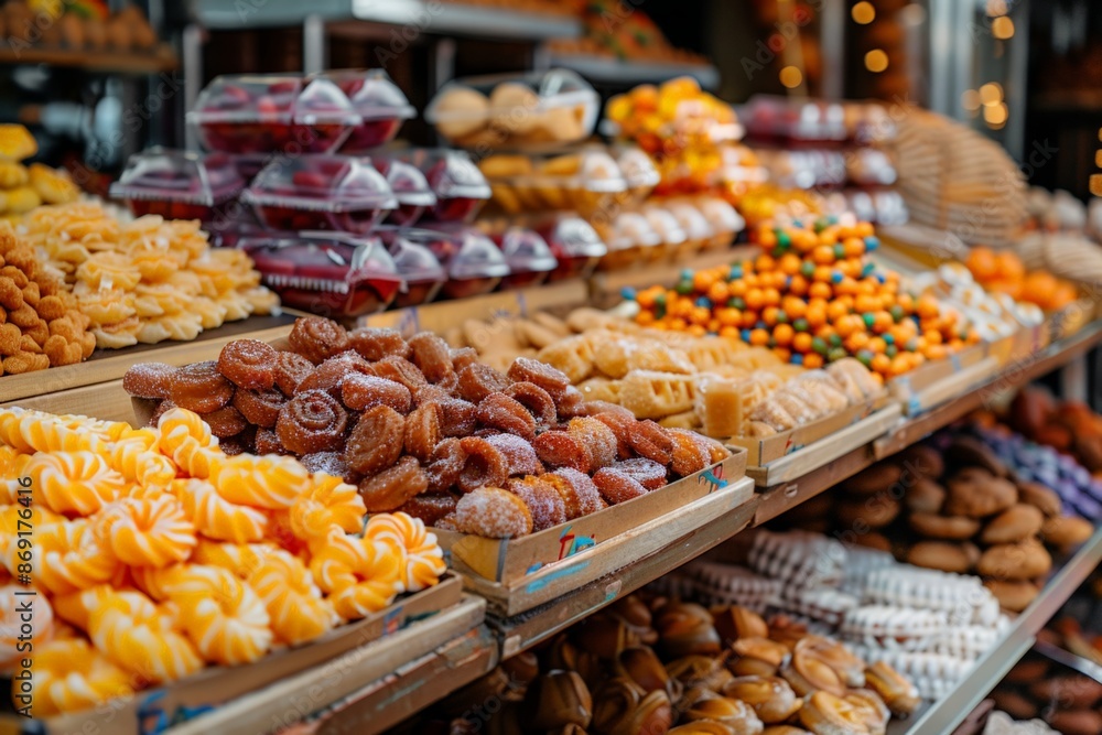 Obraz premium Various traditional Indian sweets neatly arranged in trays at a vibrant street market.