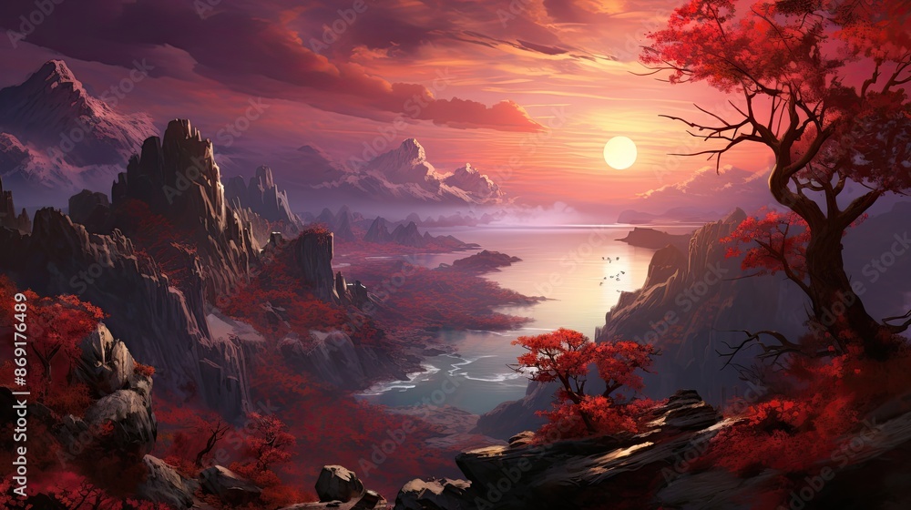 A beautiful landscape painting of a mountain range at sunset. The sky is a gradient of orange and pink, and the mountains are a deep blue. A beautiful landscape painting of a mountain range at sunset. The sky is a gradient of orange and pink, and the mountains are a deep blue.
