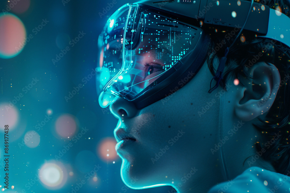 Person in vr virtual reality goggles visiting metaverse gaming world tech addicted, Generative AI Person in vr virtual reality goggles visiting metaverse gaming world tech addicted, Generative AI