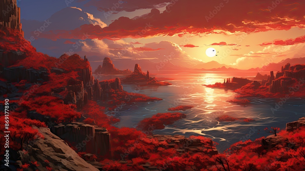 Fototapeta premium A beautiful landscape painting of a lake in the mountains. The sky is a deep orange and the sun is setting over the horizon.