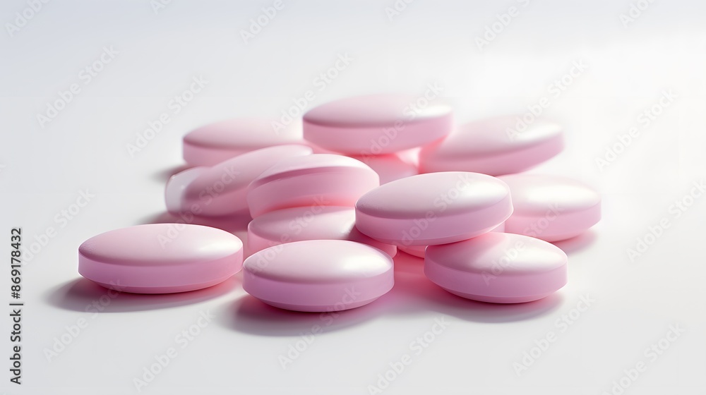 Close-up of biotin tablet, light pink, smooth surface, small round shape, solid light gray background Close-up of biotin tablet, light pink, smooth surface, small round shape, solid light gray background