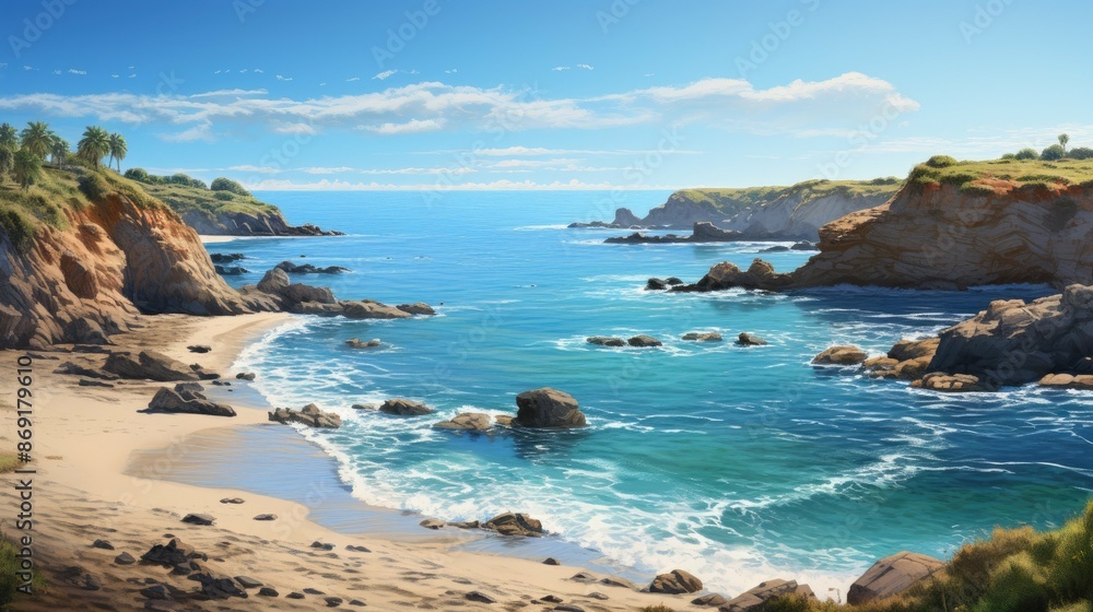 Beautiful landscape with a rocky beach and a blue ocean. The sun is shining and there are some clouds in the sky.