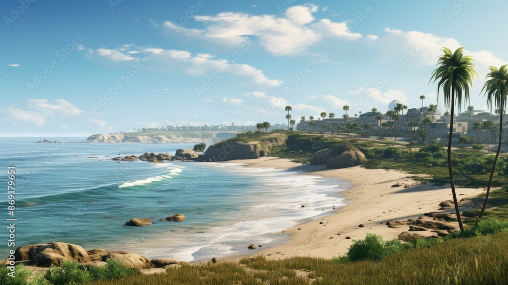 Obraz premium Amazing view of a tropical beach with white sand, palm trees, and crystal clear water. The perfect place to relax and enjoy the sun.