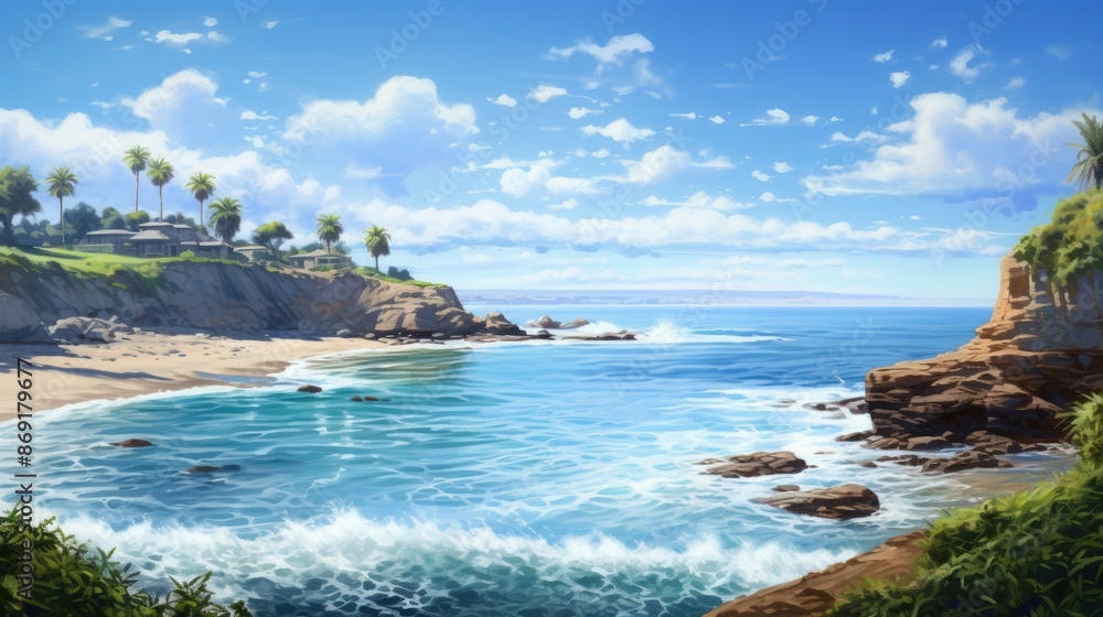 Amazing view of a beautiful beach with turquoise water. White clouds dot the bright blue sky. Palm trees sway in the gentle breeze. Amazing view of a beautiful beach with turquoise water. White clouds dot the bright blue sky. Palm trees sway in the gentle breeze.