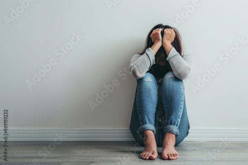 Young Woman crouching, sitting, symbolizing inner pain and suffering. Depression, has stress, anxiety, sickness and headaches, life problems, domestic violence, mental health, thoughts of suicide.