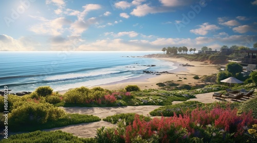 Amazing view of the Pacific Ocean from a luxury villa in Malibu. The villa is surrounded by lush gardens and has a private beach.