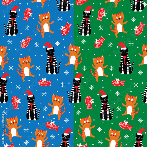 Seamless Pattern of Christmas Animal Cats Pet with Fish Bone and Spoiled Cat Text- Christmas Vector Illustration