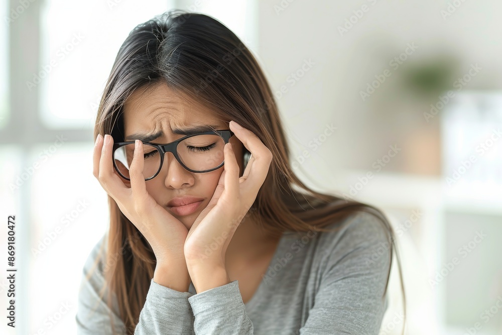 A woman is holding her glasses and crying, Business woman having headache at office brought on through stress in the workplace. Excessive pressure at work A woman is holding her glasses and crying, Business woman having headache at office brought on through stress in the workplace. Excessive pressure at work