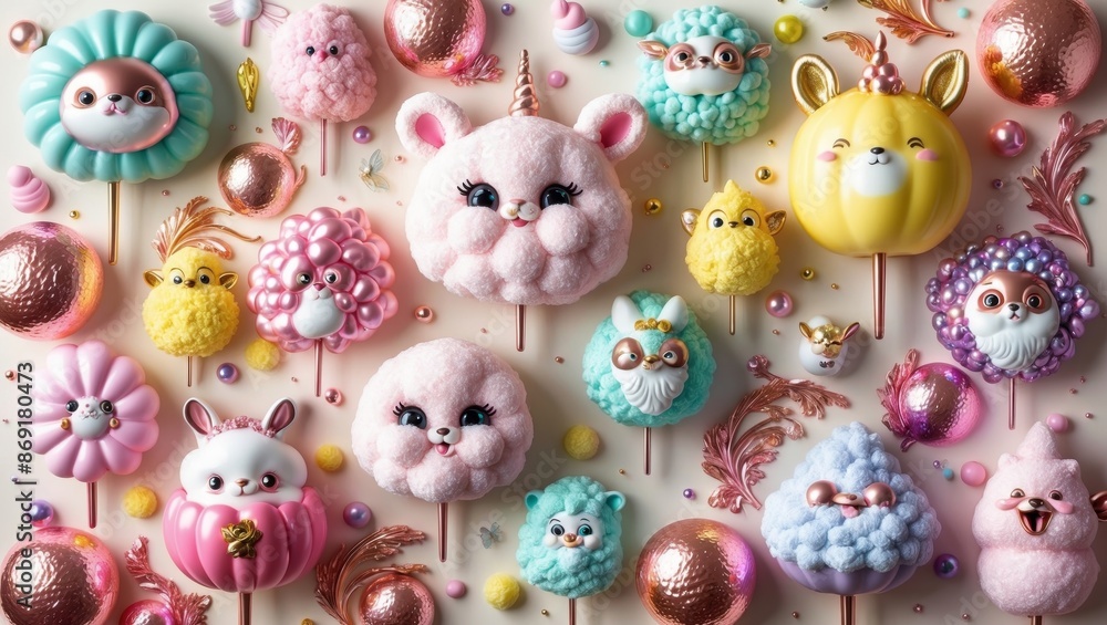 A whimsical display of fluffy animal heads on sticks A whimsical display of fluffy animal heads on sticks