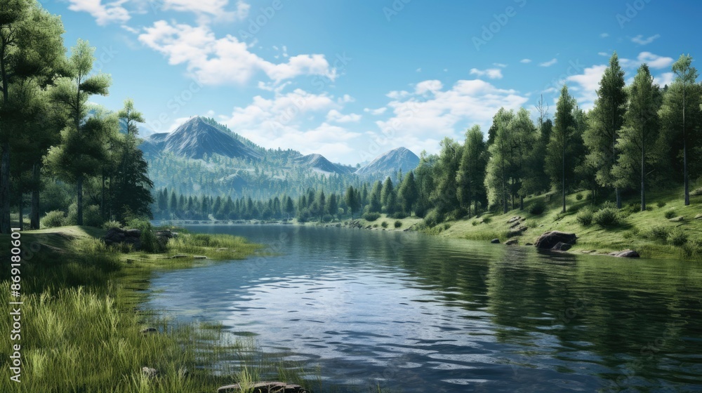 The image is of a beautiful landscape with a lake, mountains, and trees. The water is calm and clear, reflecting the sky above. The image is of a beautiful landscape with a lake, mountains, and trees. The water is calm and clear, reflecting the sky above.