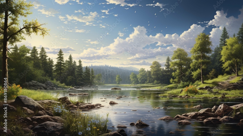 The river flows through the green valley. The sky is blue and the sun is shining. The trees are reflected in the water. The river flows through the green valley. The sky is blue and the sun is shining. The trees are reflected in the water.
