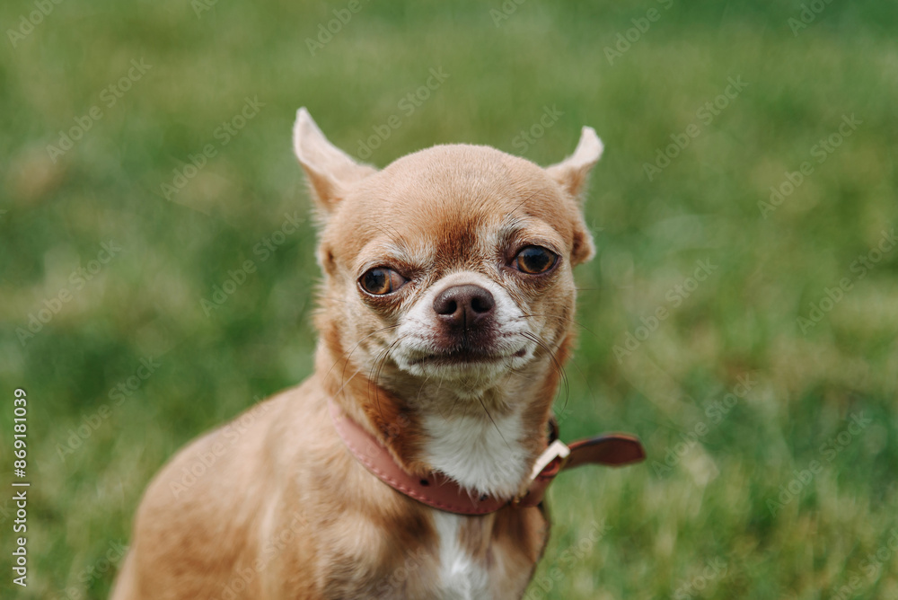 brown chihuahua sitting on green grass in park in sunny summer day, looking at camera, dogwalking concept brown chihuahua sitting on green grass in park in sunny summer day, looking at camera, dogwalking concept
