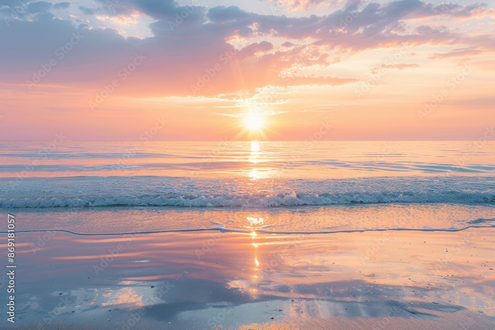 Fototapeta premium A breathtaking sunset over the ocean, featuring warm orange-pink skies reflecting on the calm water. Generative AI