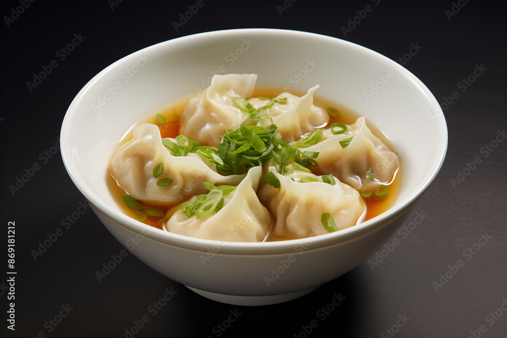 Wonton soup dumplings and green onions on black background Wonton soup dumplings and green onions on black background