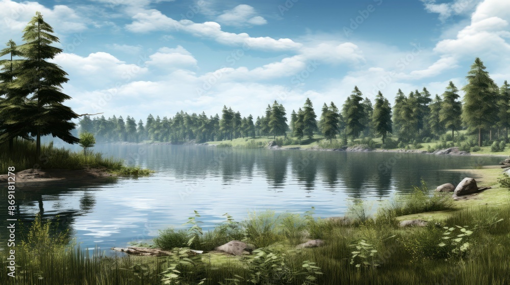 Fototapeta premium The image is of a beautiful lake in the mountains. The water is calm and clear, and the sky is blue with fluffy white clouds.