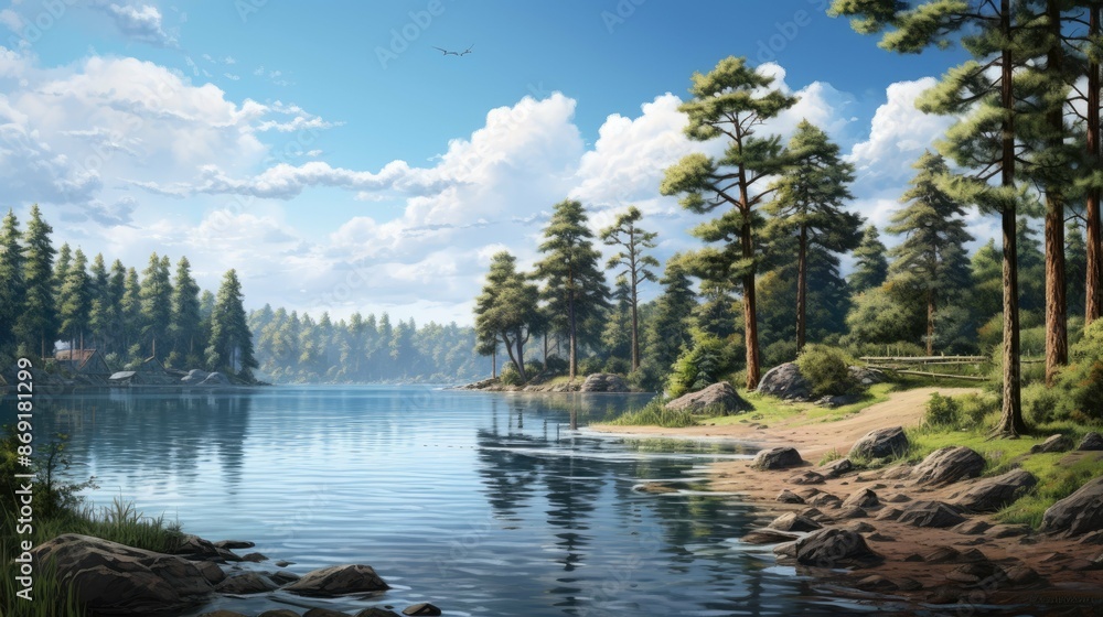 The sun shines through the trees onto a peaceful lake. The water is calm and still, reflecting the sky above. The sun shines through the trees onto a peaceful lake. The water is calm and still, reflecting the sky above.