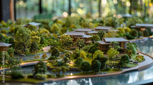 A model of a town with houses and trees