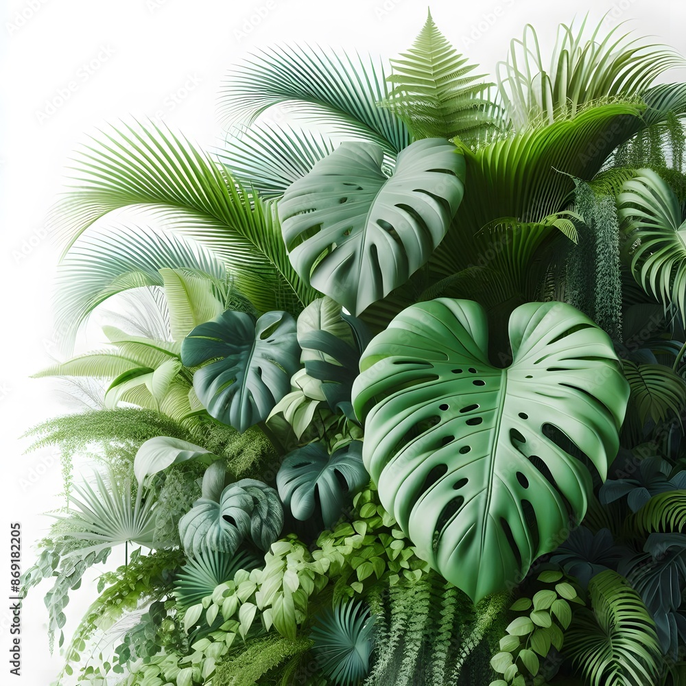 A dense and vibrant bush overflowing with lush green tropical plants. Large, split-leaf monstera leaves dominate the foreground, with their glossy surface catching the light. Delicate fern fronds and A dense and vibrant bush overflowing with lush green tropical plants. Large, split-leaf monstera leaves dominate the foreground, with their glossy surface catching the light. Delicate fern fronds and