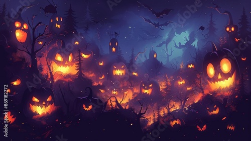 Halloween Background with Dark Forest Filled with Mystical Creatures