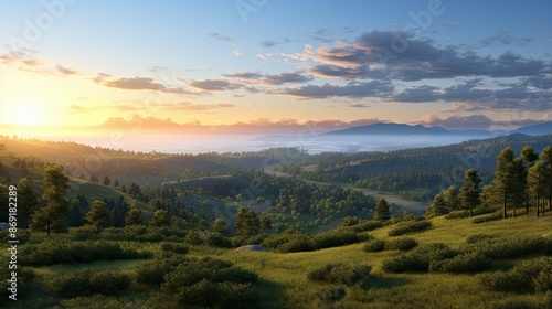 Amazing landscape with green hills and mountains in the distance. The sky is blue and there are some clouds. © BozStock