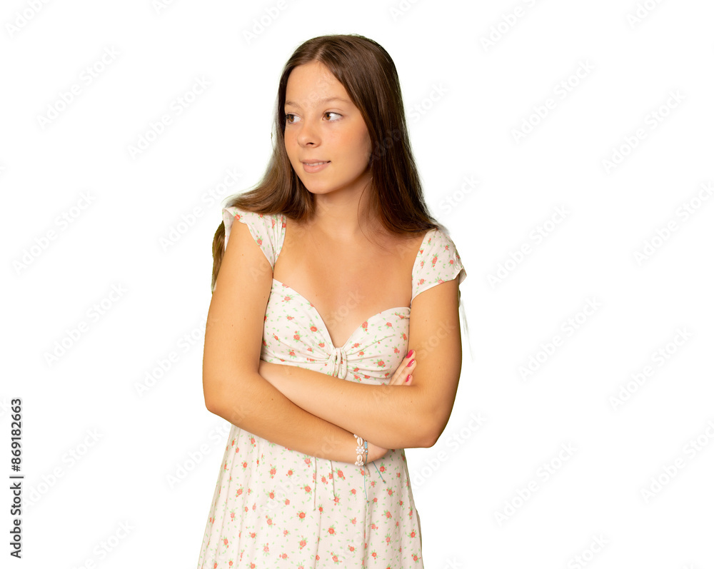 Pretty girl in casual dress standing with arms folded over transparent background. Pretty girl in casual dress standing with arms folded over transparent background.