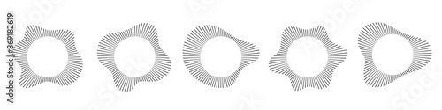 Circular sound waves. Abstract circular lines pattern. Music audio bursts. Ring of thin rays with wavy silhouette. Radial spectrum design. Geometric waveform vector illustration isolated on white