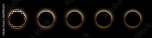 Gold dotted round patterns. Golden frames with halftone effect. Abstract shining background with light glow elements. Glitter pattern circle emblem. Modern futuristic graphic vector illustration set