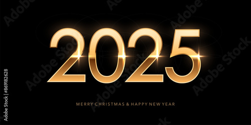2025 Happy New Year background. Greeting card with gold numbers template. Festive Christmas horizontal social media banner design with congratulations. Realistic vector illustration on black