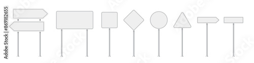 Road traffic signs of different shapes on metal poles vector illustration set. 3d realistic white blank street signboards. Isolated empty roadside signposts to notice information, danger, guide