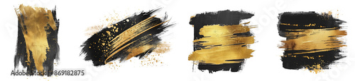 Set of gold and black watercolor splashes brush strokes, Elements with golden art acrylic banner poster cover page design background template collection, isolated on white background, png