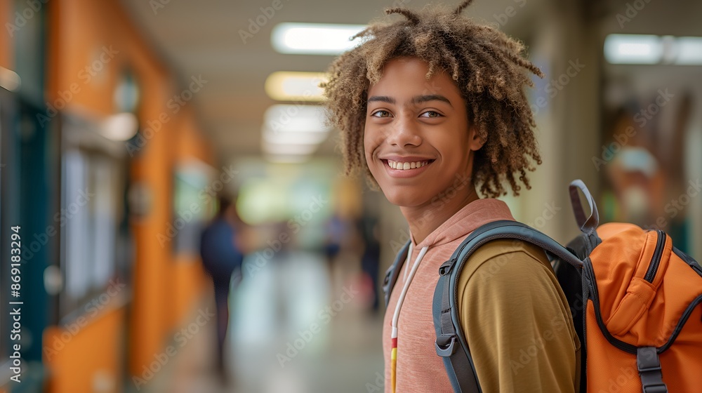 Fototapeta premium Smiling Student in School Hallway
