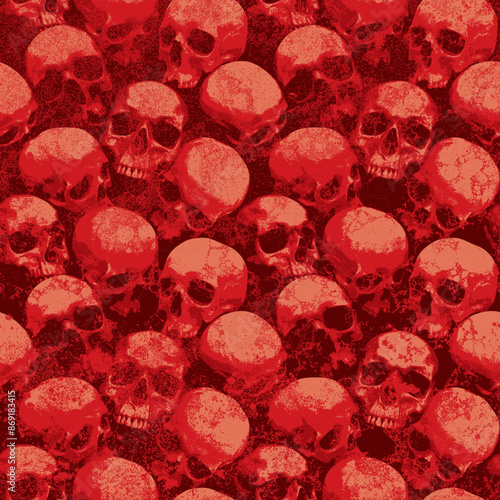 Seamless pattern with human skulls with grunge texture and splash and spot blood. Vector background with sinister smiling skulls in retro style. Graphic print for clothes, fabric, wallpaper, wrapping 