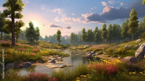 A beautiful landscape with a river running through it. The river is surrounded by green trees and flowers of many colors. photo