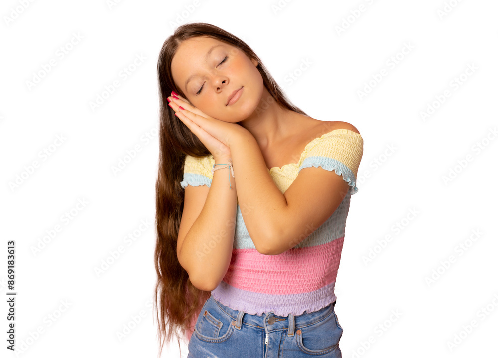 Relax and sleep time. Tired Cute Caucasian girl against transparent background with closed eyes leaning on palms making sleeping gesture. Relax and sleep time. Tired Cute Caucasian girl against transparent background with closed eyes leaning on palms making sleeping gesture.