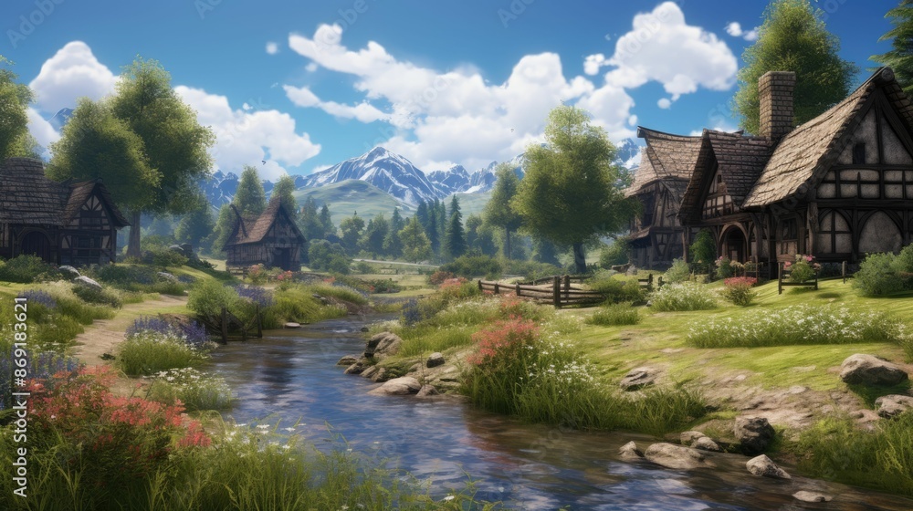 Fototapeta premium A beautiful landscape with a river running through the middle.