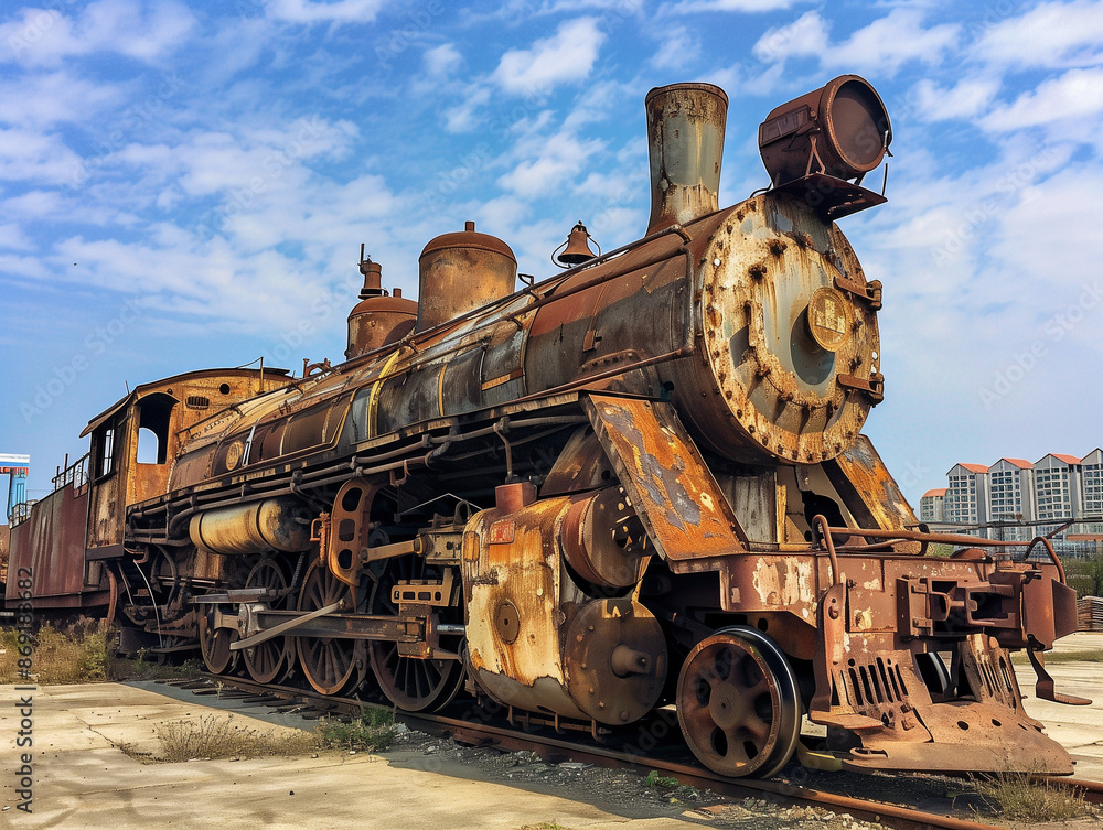 Naklejka premium Old locomotive in front of the steel factory, abandoned and rusted train on display